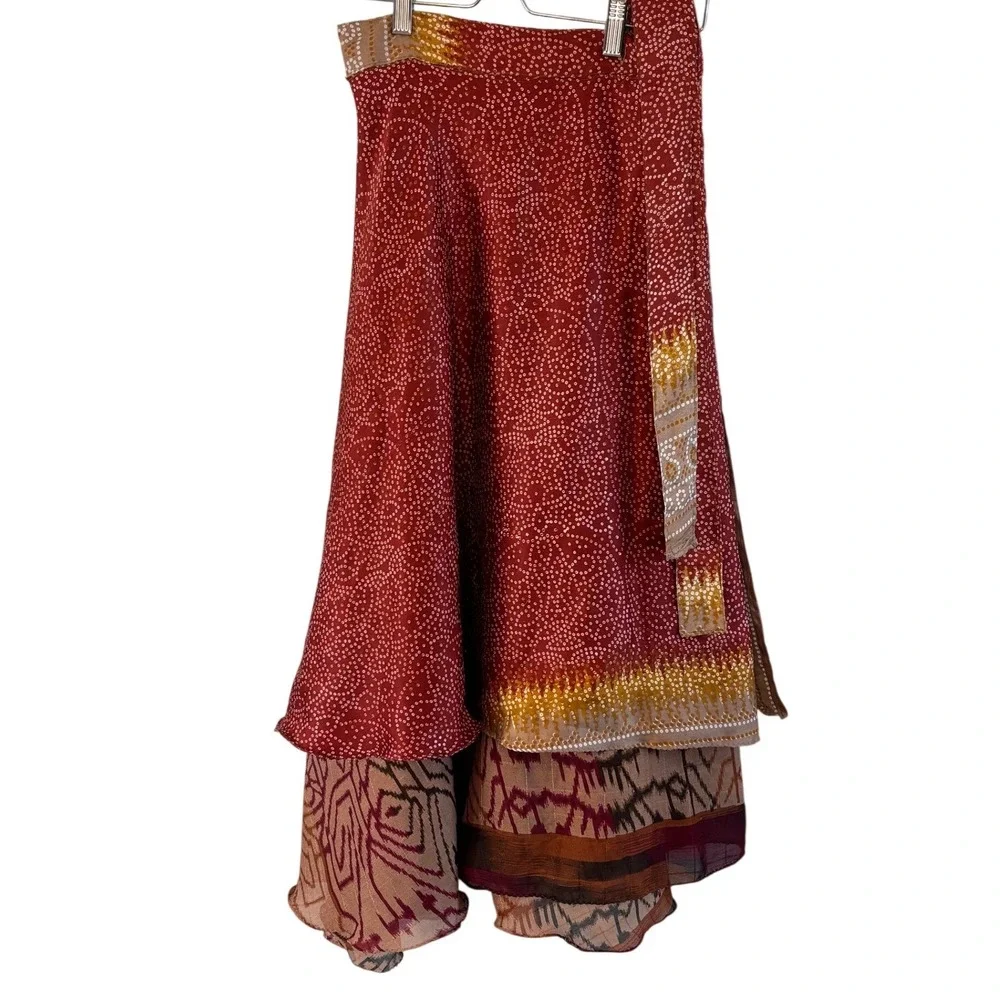 100% Silk Wrap Skirt One Size Ethnix India Boho Festival Resort Reversible